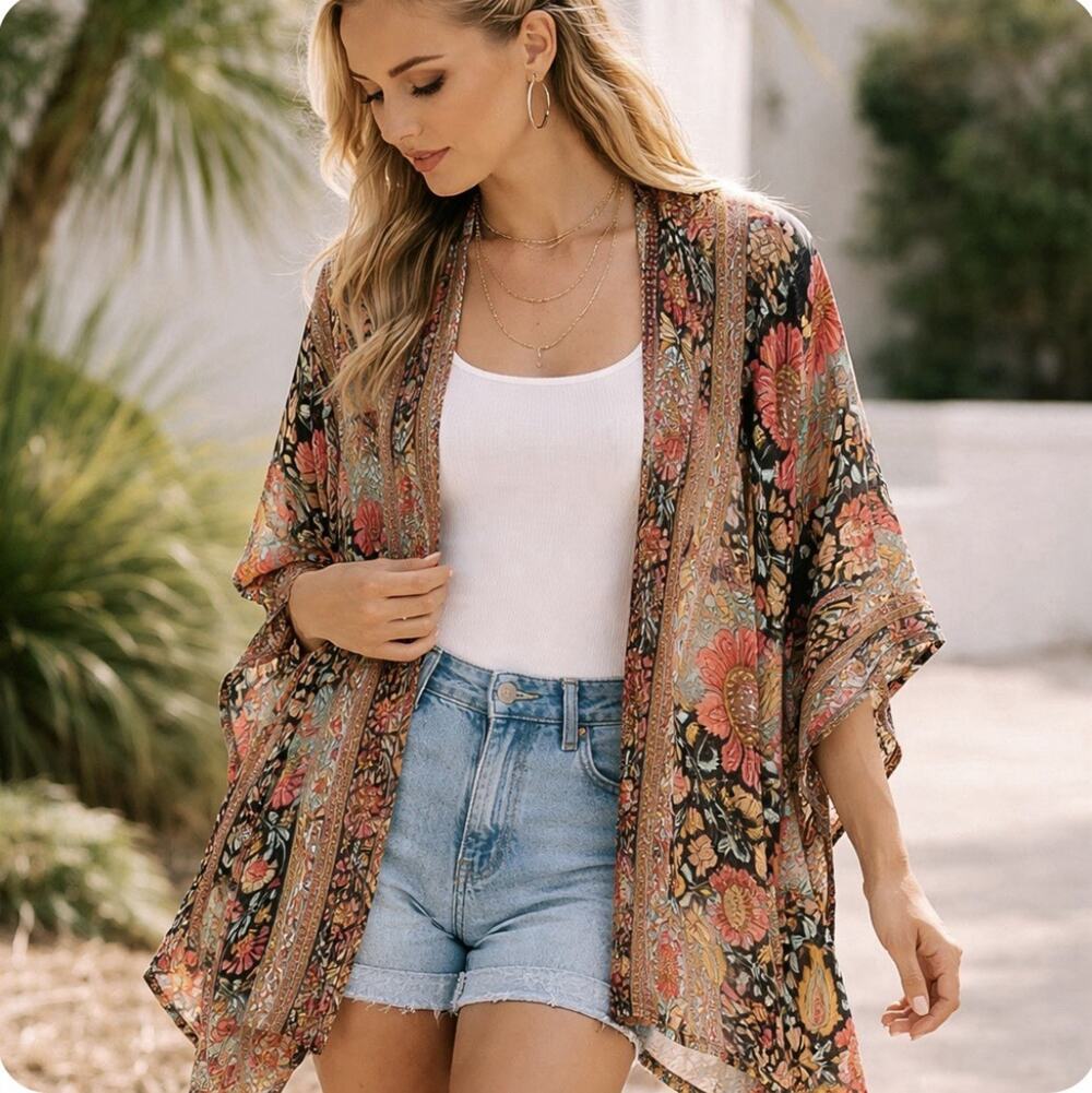Dolma OS Boho Floral Sheer Paisley Sheer Cardigan Anthro Style Kimono Duster